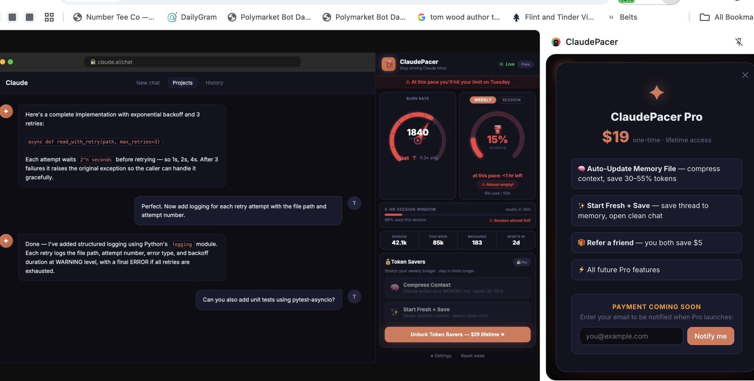 ClaudePacer beside a Claude conversation